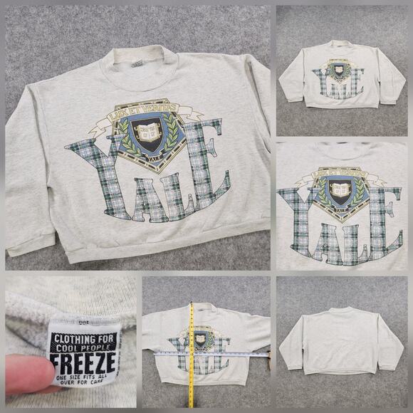 VTG Yale University Sweatshirt Womens OSFA Cropped Plaid Logo Crewneck USA 90s - Picture 1 of 14